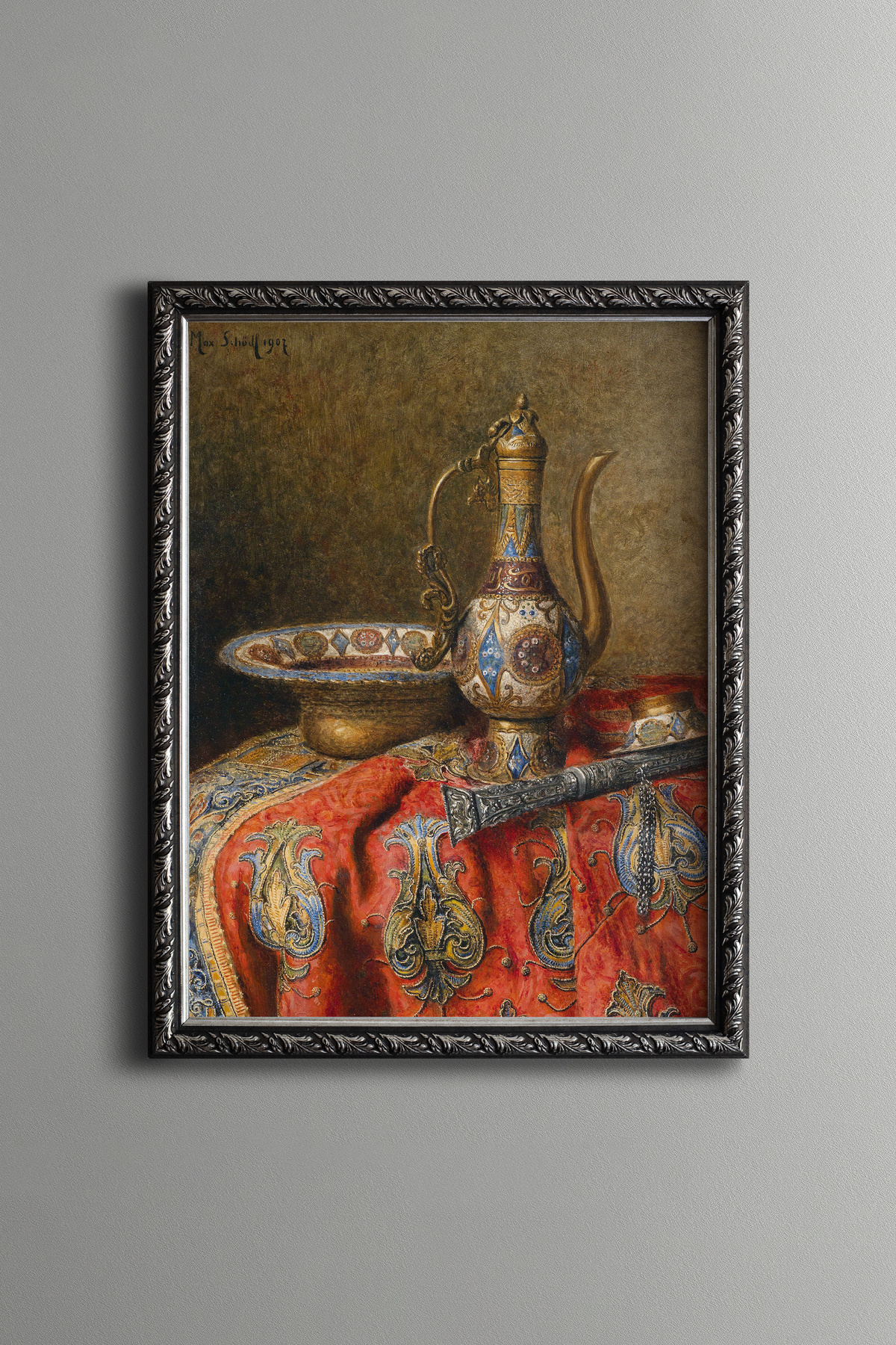 Ottoman Embroidered Copper Pitcher Still Life - Vintage Patterned Frame - Slim Model
