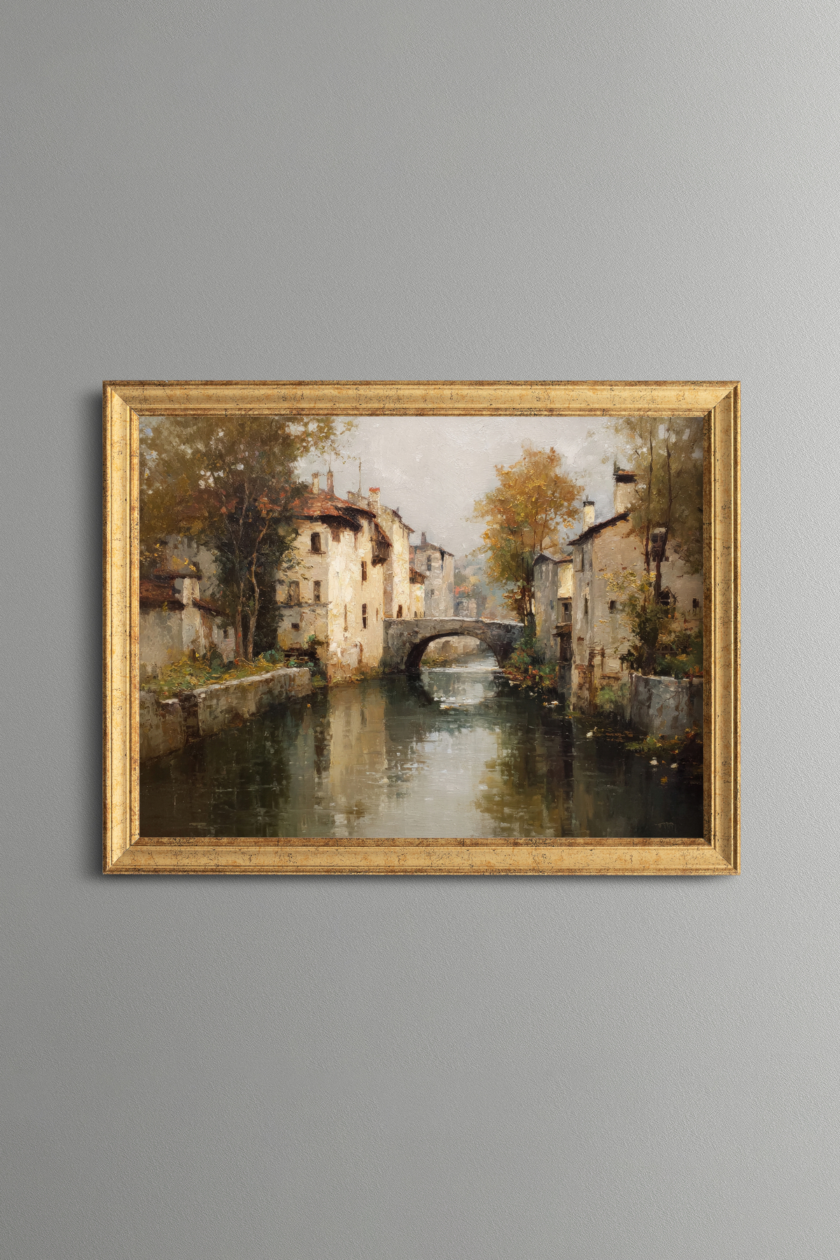 Bridge and Village View - Vintage Patterned Frame - Slim Model