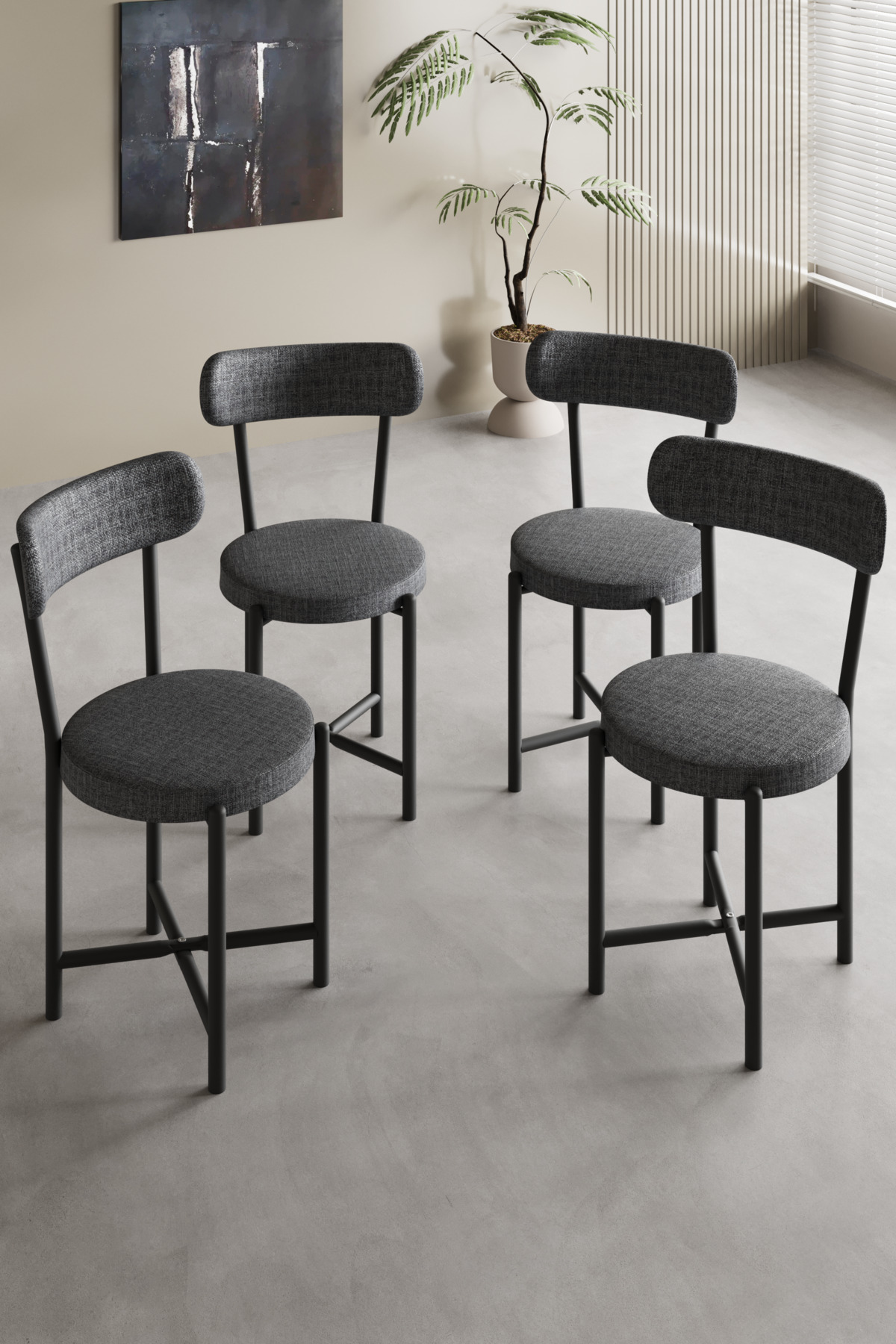 Sandalye 4 Adet Keten Kumaş Metal Ayak Modern Mutfak Sandalyesi Cafe Balkon Ofis Teddy 9809 Antrasit görsel 2