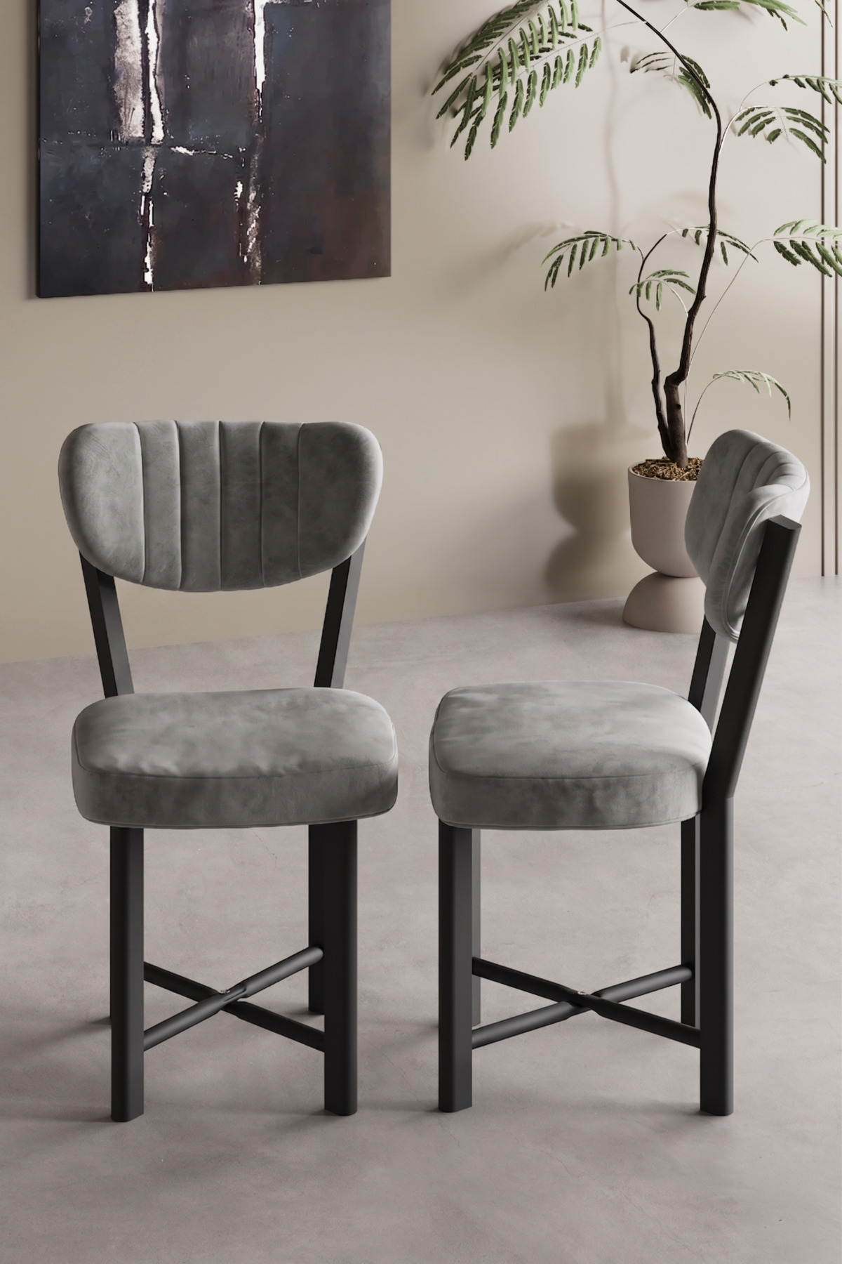 Sandalye 2 Adet Baby Face Kumaş Metal Ayak Modern Mutfak Sandalyesi Cafe Balkon Ofis Elma 9810 Gri görsel 3