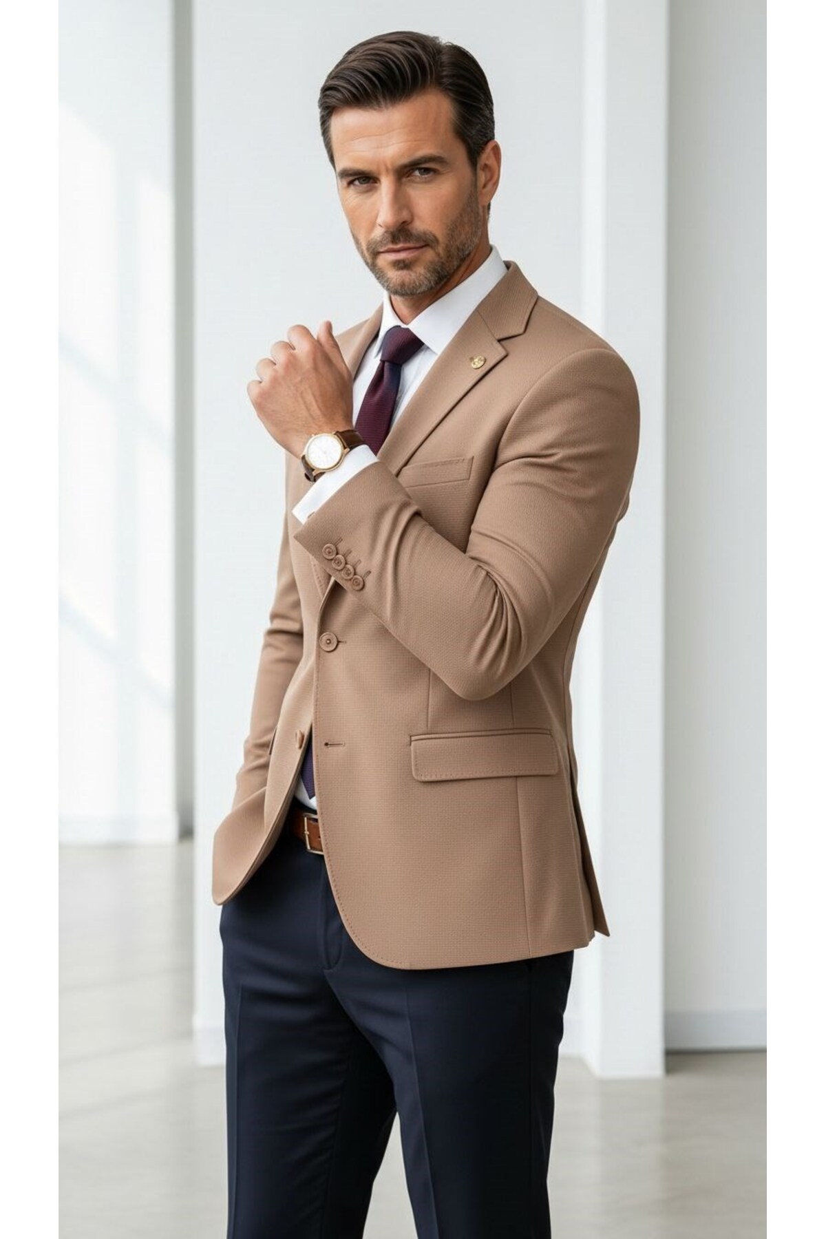 Plus Scorpion Erkek Slim Fit Çift Düğme Çift Yırtmaçlı Blazer Ceket, Premium Dokulu Kumaş görsel 2