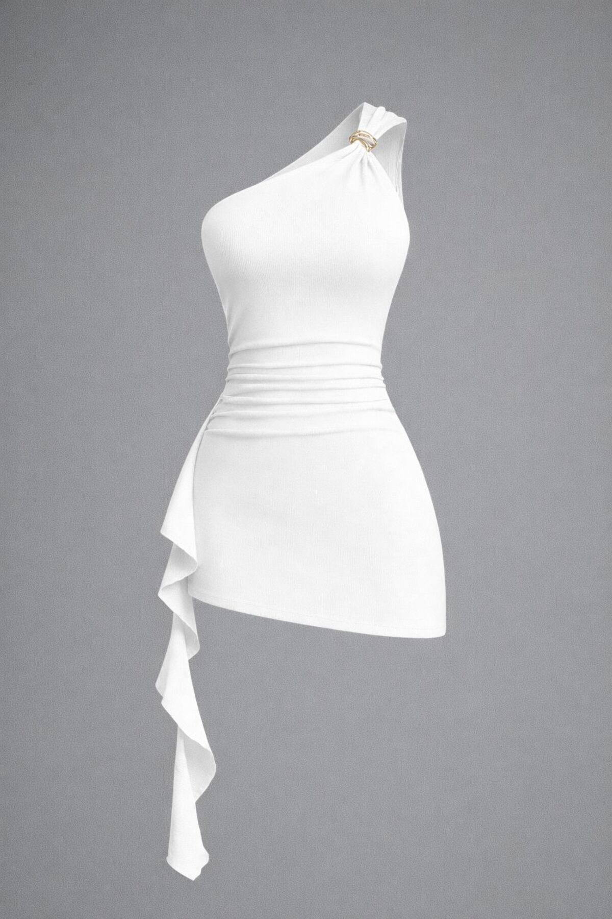 Accessory Detailed One Shoulder Draped Belted Rallying Mold Asymmetrical Mini Dress