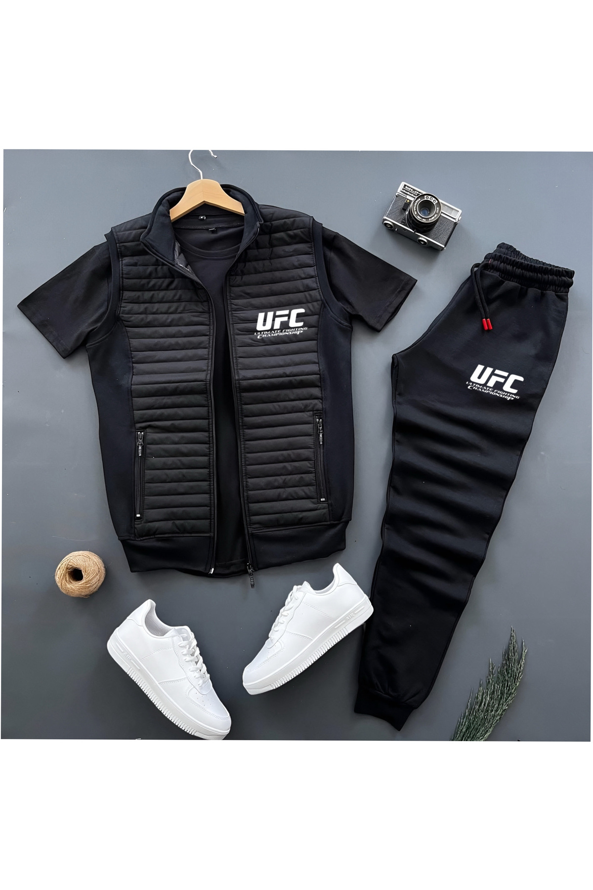 New Season Basic UFC Printed Quilted Vest -Summer Sweatpants -T-Shirt 3pcs Bottom Top Set