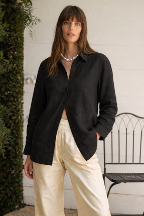 The Cotton Kadın Siyah Keten Düşük Kol Loose Fit Gömlek