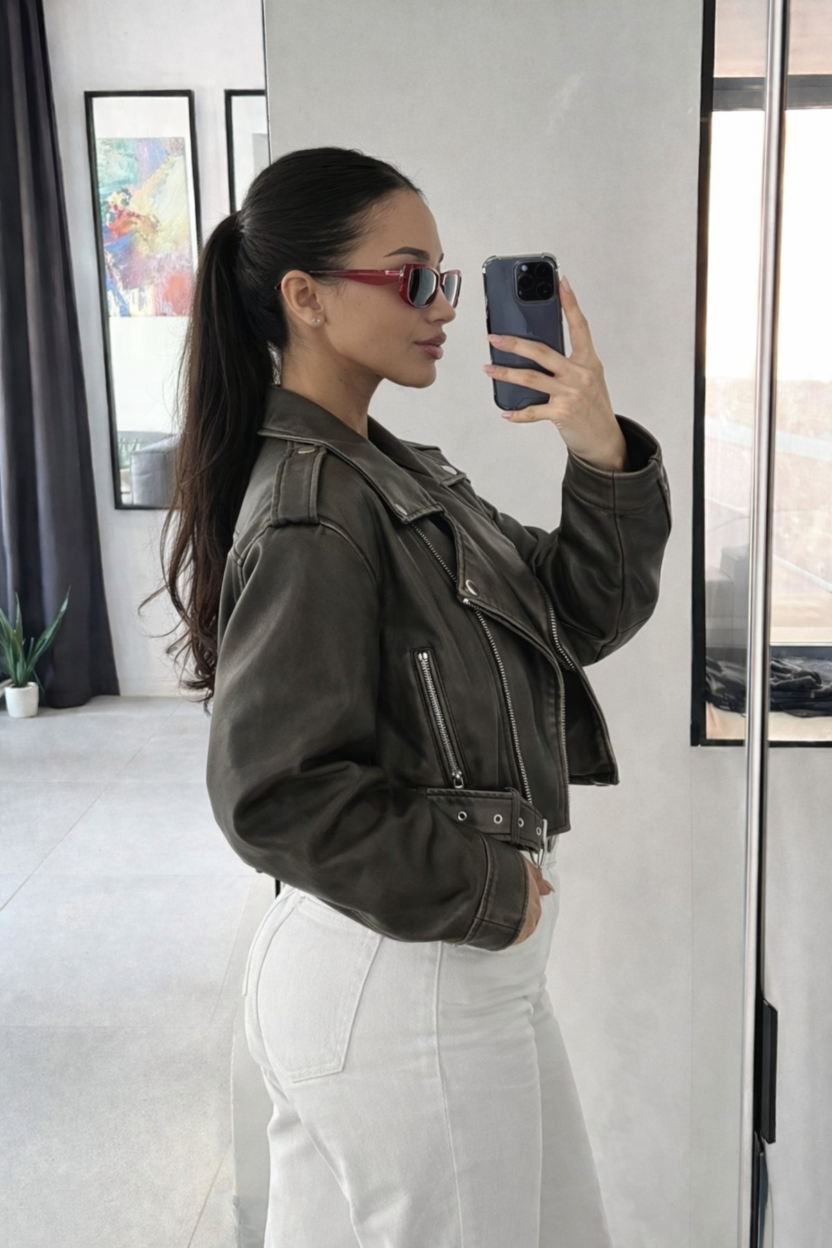 Ekim Store  Haki Kemerli Oversize Crop Deri Ceket - Görsel 4