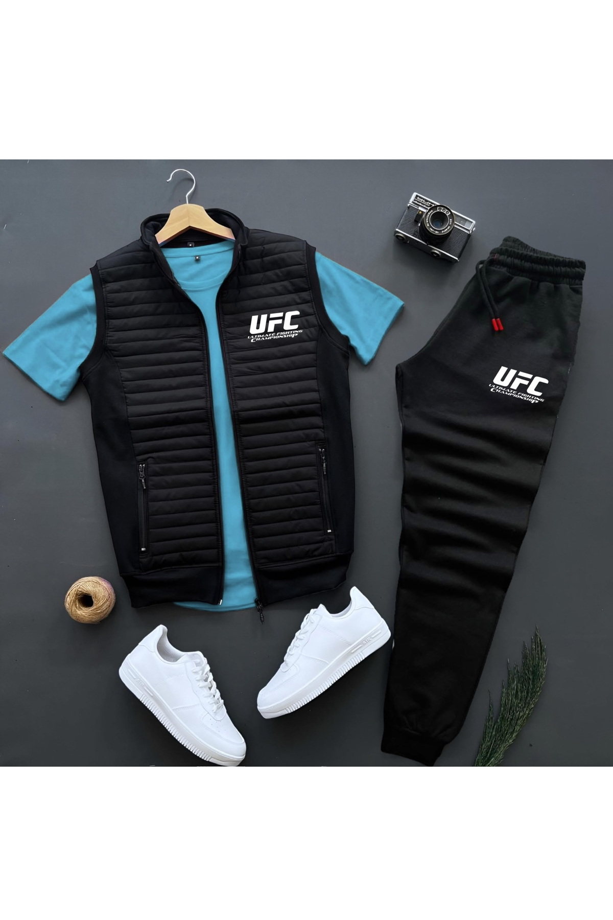 New Season Basic UFC Printed Quilted Vest -Summer Sweatpants -T-Shirt 3pcs Bottom Top Set
