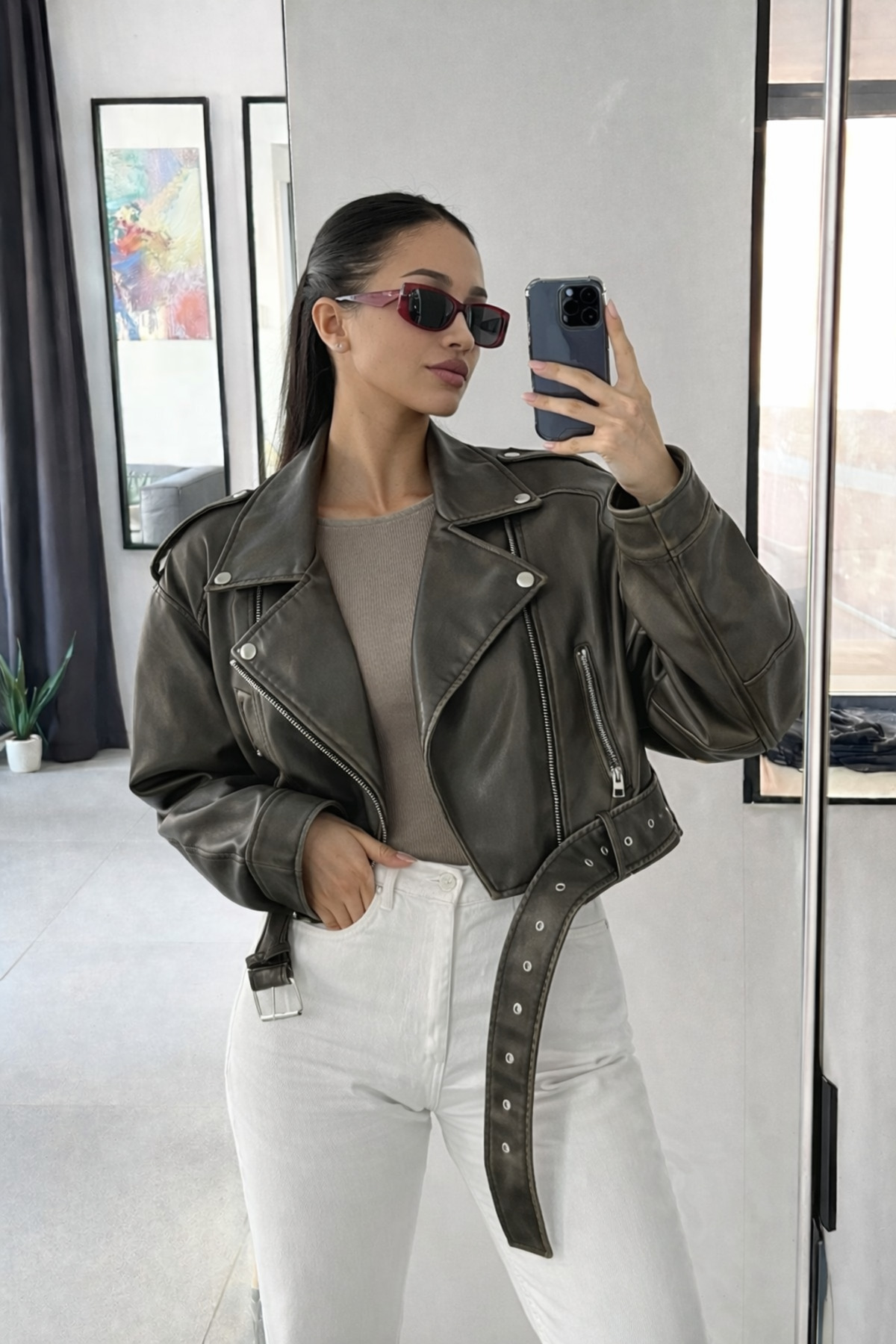 Ekim Store  Haki Kemerli Oversize Crop Deri Ceket - Görsel 2