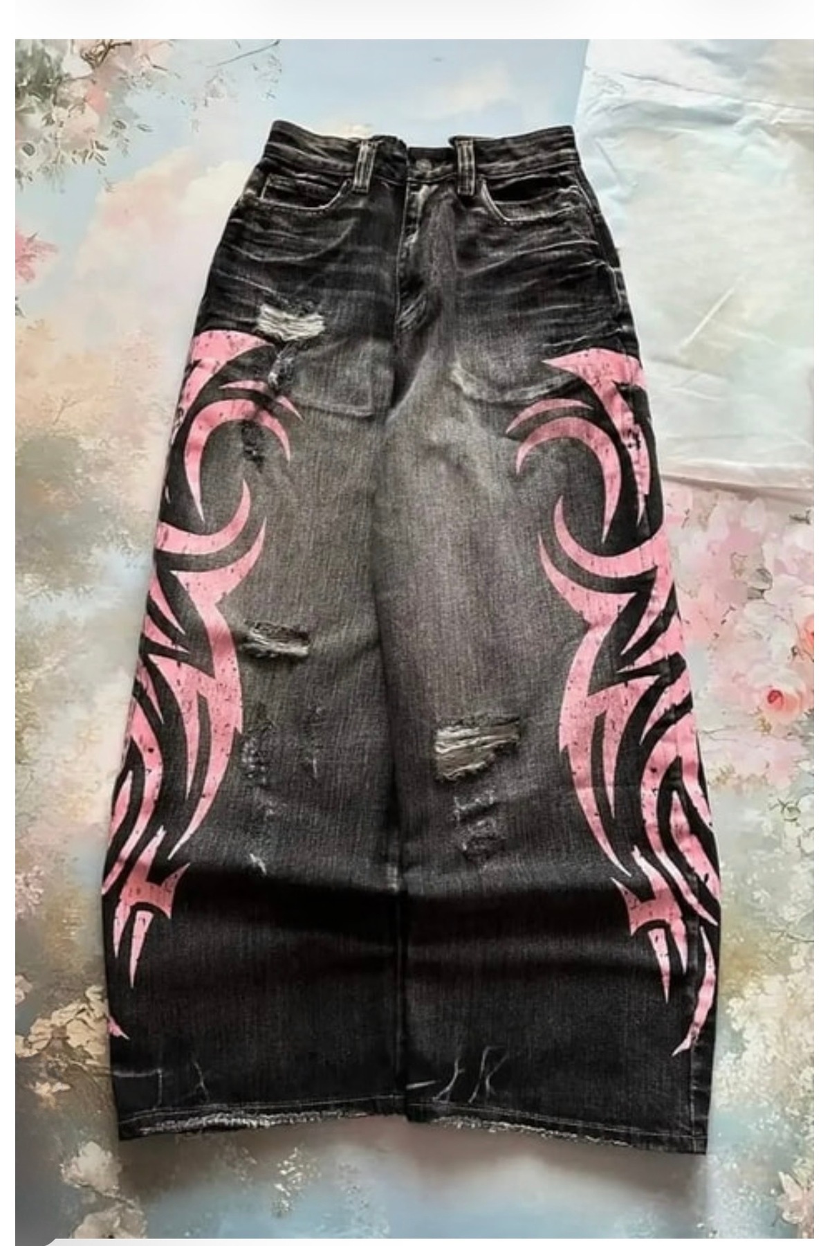Köstebek Yıkamalı Grunge Pembe Tribal Baskılı Harajuku Unisex Baggy Pantolon — مشکی Popgiyimhgfghjjj