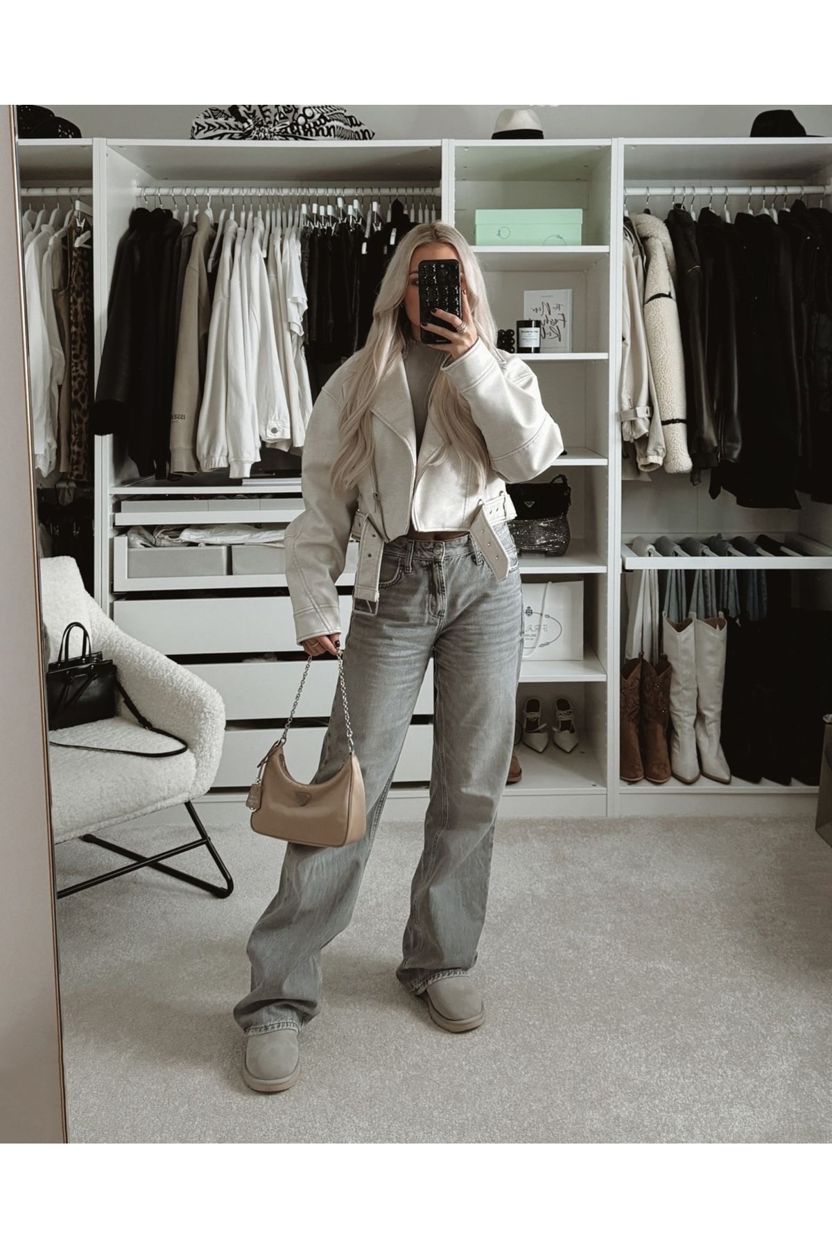 Ekim Store Δερμάτινο μπουφάν σε χρώμα κρεμ με ζώνη, oversized και κοντό σχέδιο