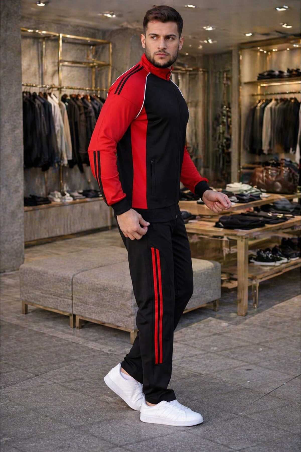 لباس ورزشی مردانه کلاسیک از جنس پارچه غواصی مشکی و قرمز — مشکی dlgçerkek3 — تصویر 4 از 5