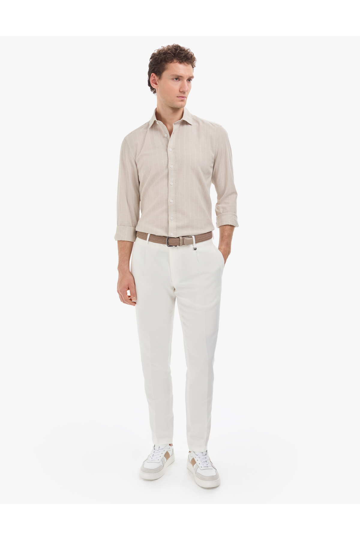 Pierre Cardin Bej Keten Karışımlı Regular Fit Çizgili Kısa Kollu Gömlek 50325330-VR011 görsel 4