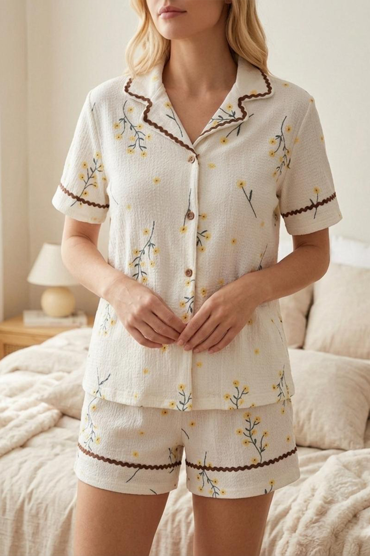 Brown Waterway Patterned Yellow Flower Printed Pajamas Set with Shorts