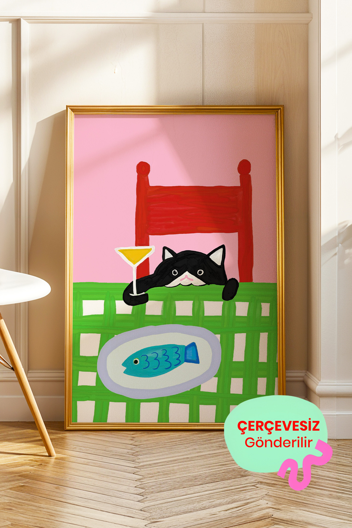 Kedi Temalı Poster Balık ve Martini İllüstrasyon Mutfak Duvar Dekoru Çerçevesiz