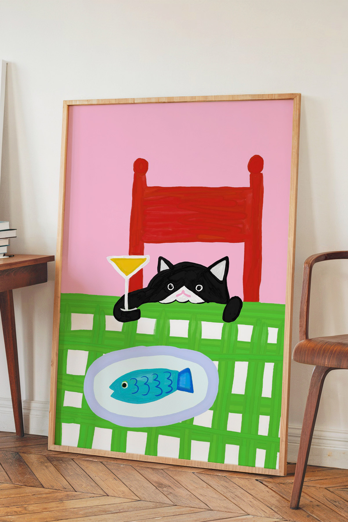 Kedi Temalı Poster Balık ve Martini İllüstrasyon Mutfak Duvar Dekoru Çerçevesiz