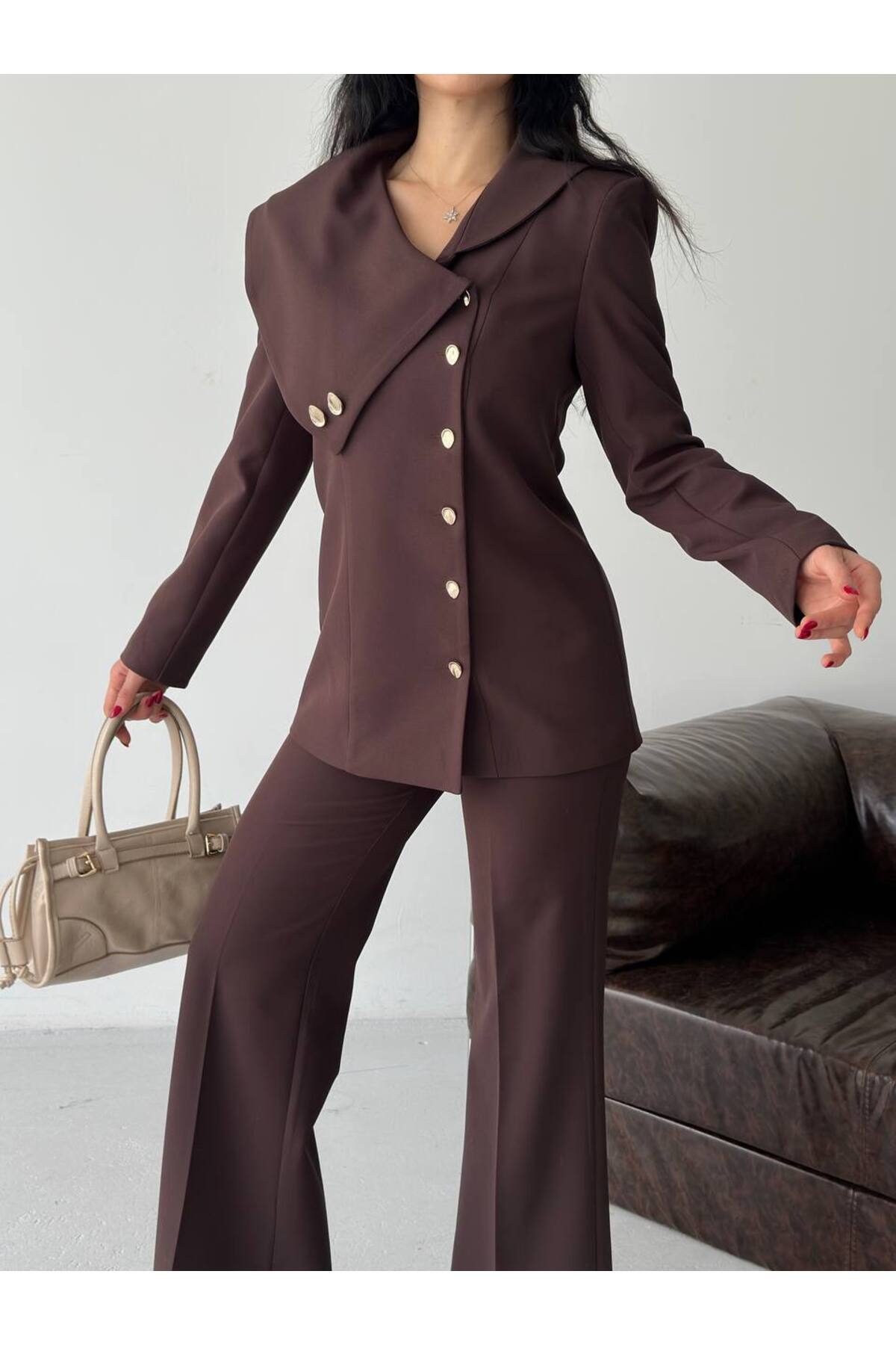 Gold Button Detail Asymmetric Lapel Blazer & Pant Set | ZF Butik