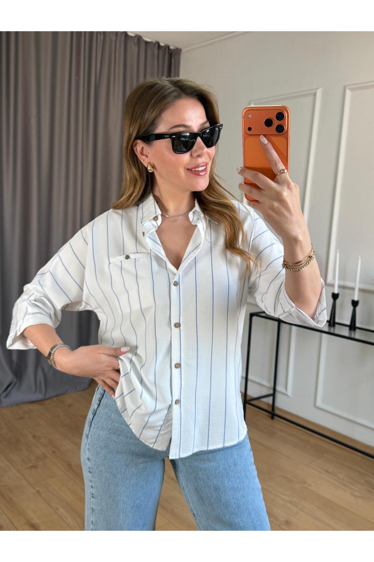 Size Özgü Mavi Çizgili Fakir Kol Gömlek