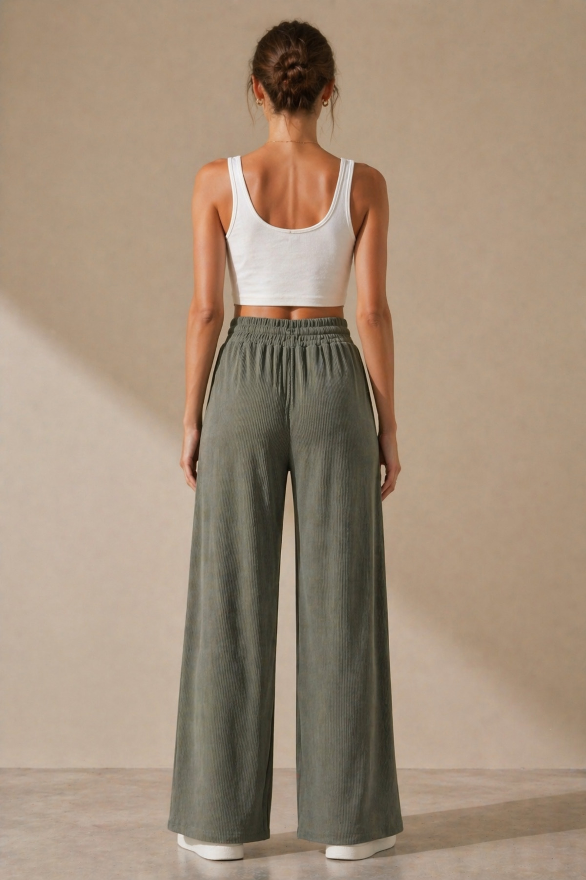 Polo State  Kadın Haki Fitilli Wide Leg Pantolon Lastik Bel Kordonlu - Görsel 4