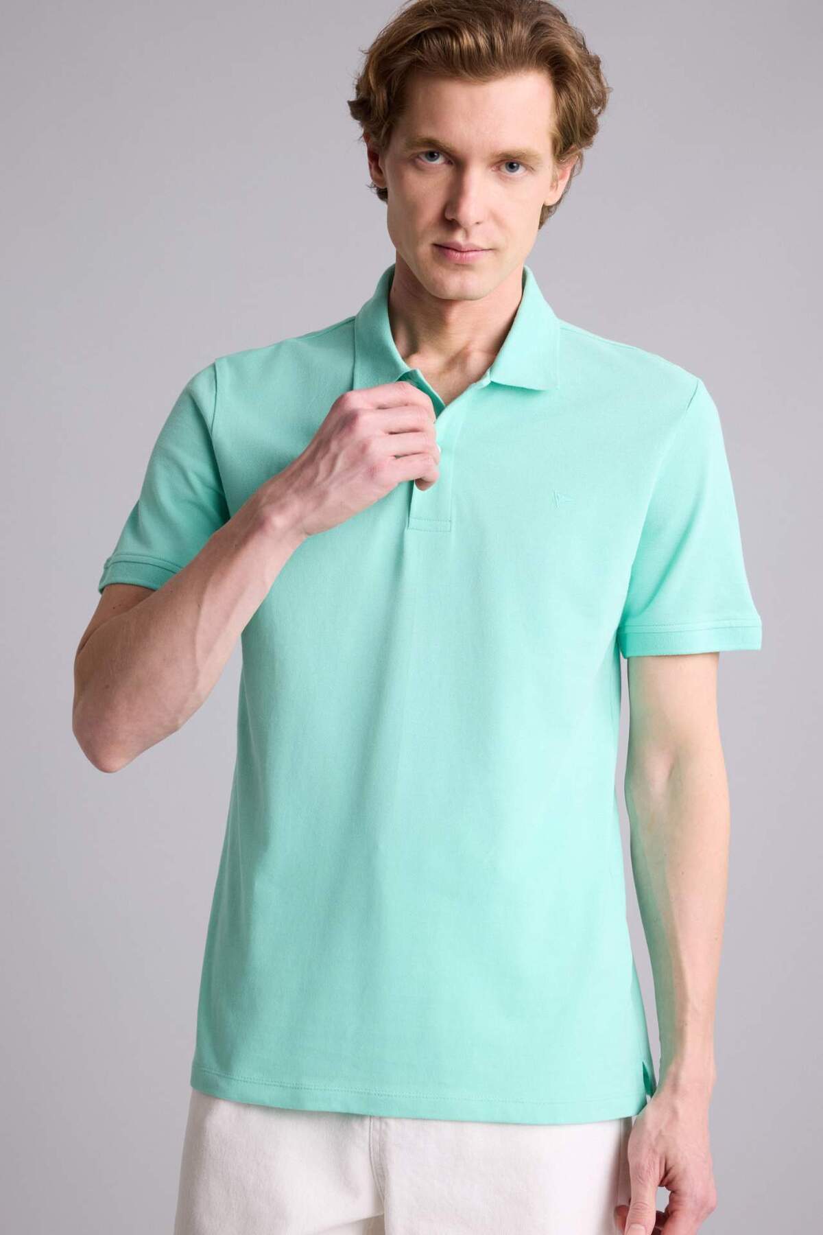 Defacto 100% Cotton Slim Fit Polo Collar Green / Mint Embroidered Short Sleeve T-Shirt D7665Ax26Sm
