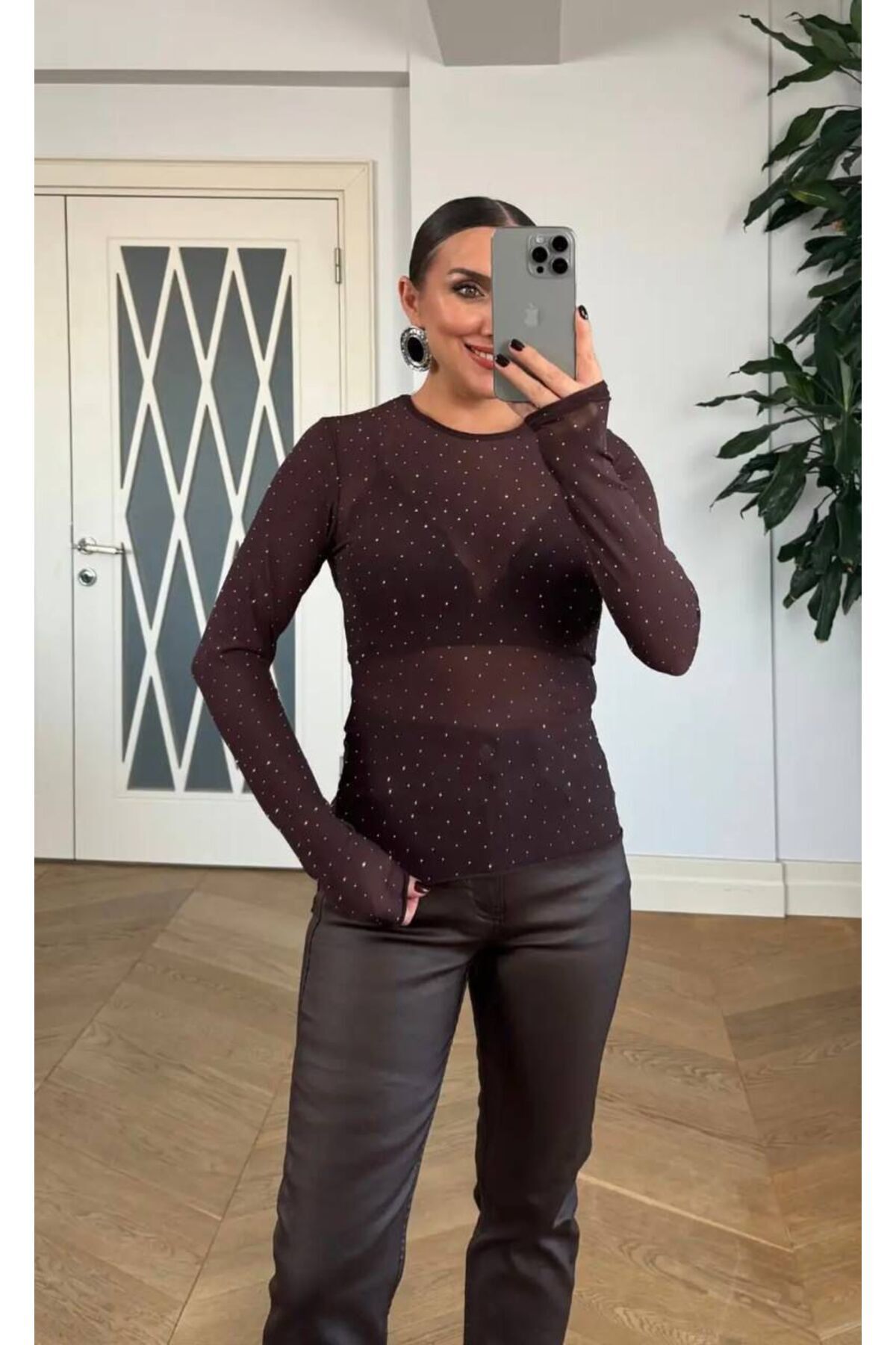Women's Brown Gemstone Transparent Stretchy Tulle Blouse