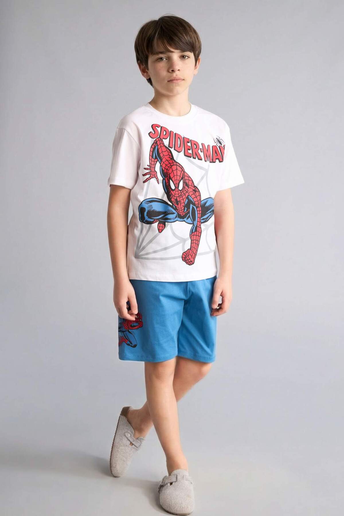 %100 Pamuk Spider Man Baskılı Kısa Kollu Üst Baskılı Şort 2'li Pijama Takımı Erkek Çocuk H4107A826HS