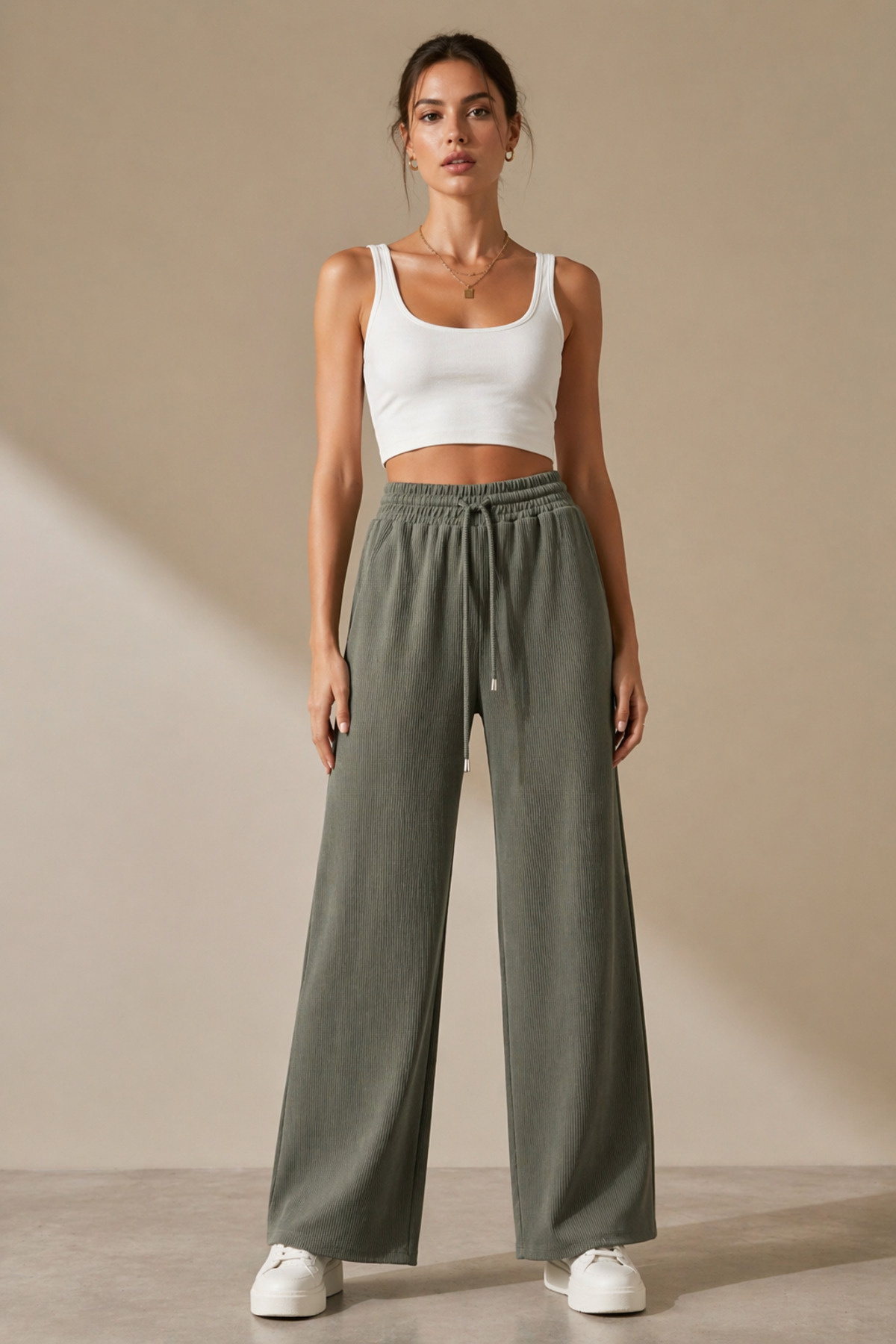 Polo State  Kadın Haki Fitilli Wide Leg Pantolon Lastik Bel Kordonlu - Görsel 2