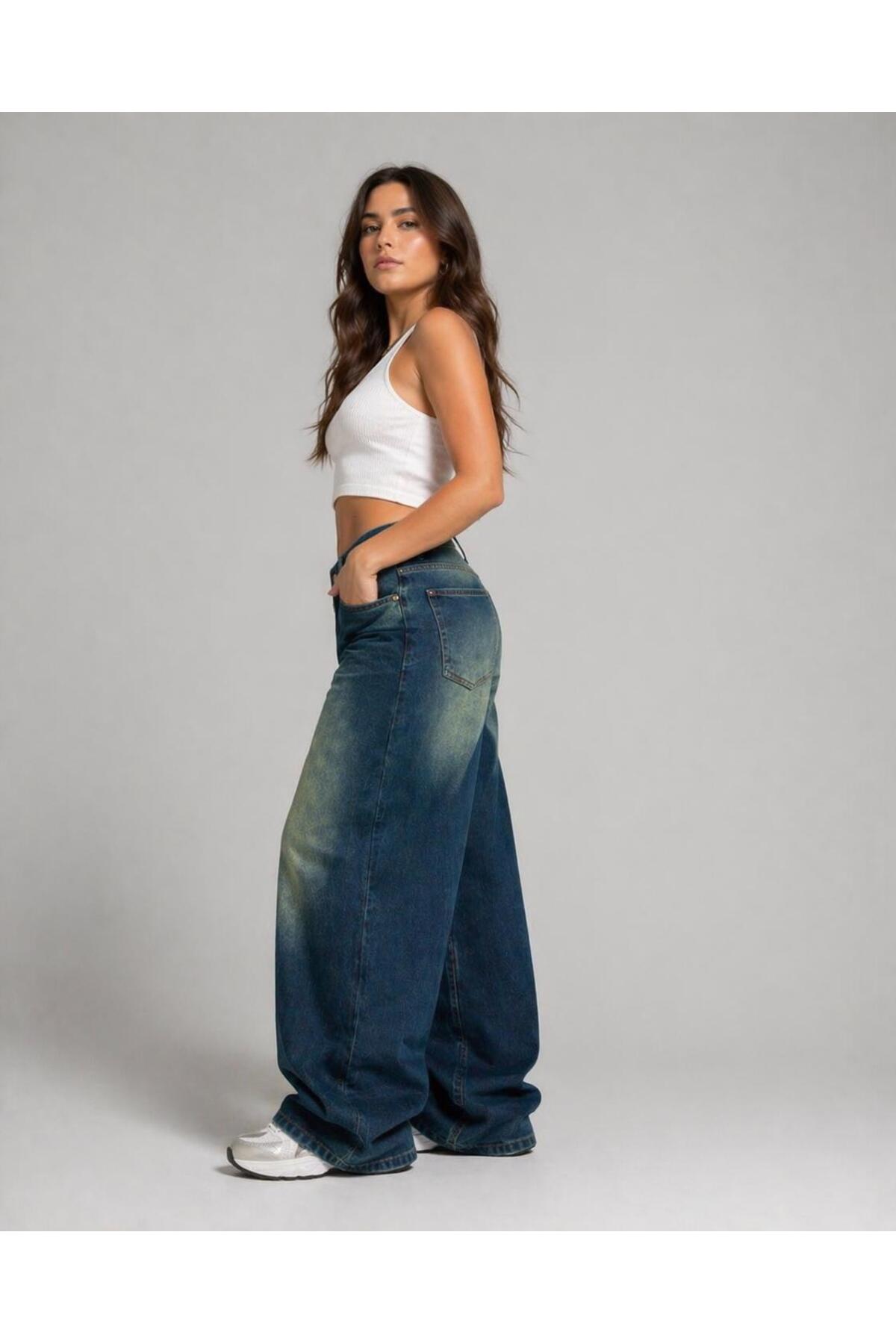 St.Poll ESKİTME YIKAMALI UNİSEX BÜYÜK BEDEN BAGGY JEAN PANTOLON görsel 3