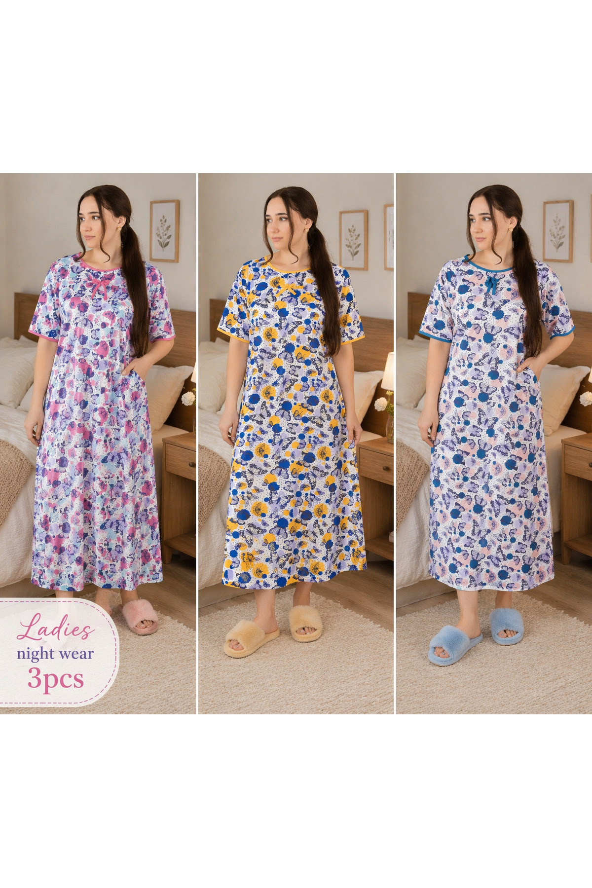 LINELLE Floral Nightwear Maxi Dress 3 Pcs Combo Set