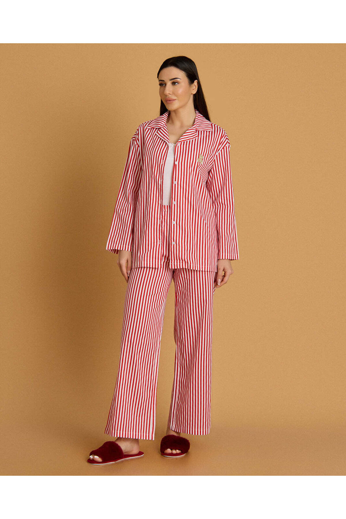 REDTAG Women Red Striped Pyjama Set