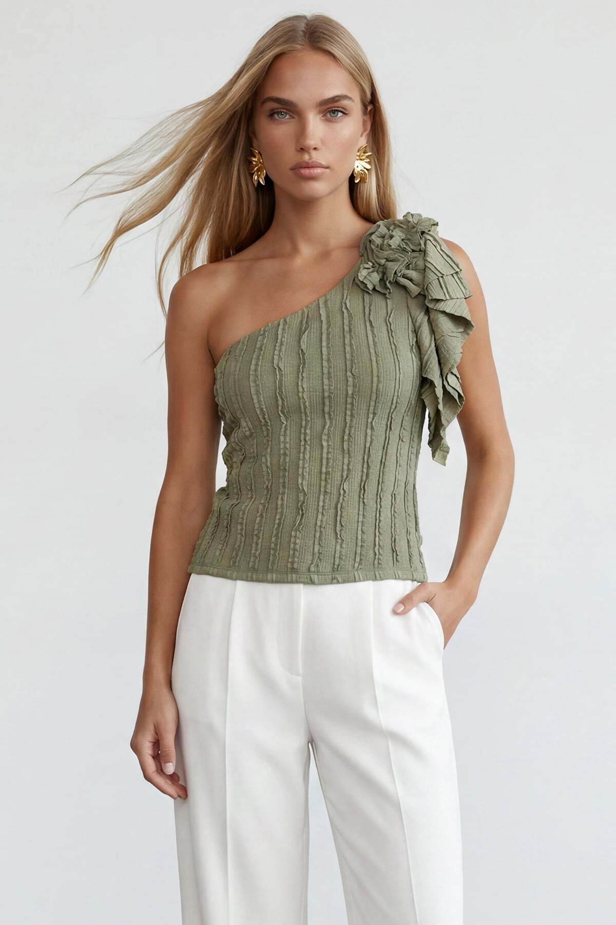 Khaki One Shoulder Detailed Blouse Alc-X12191