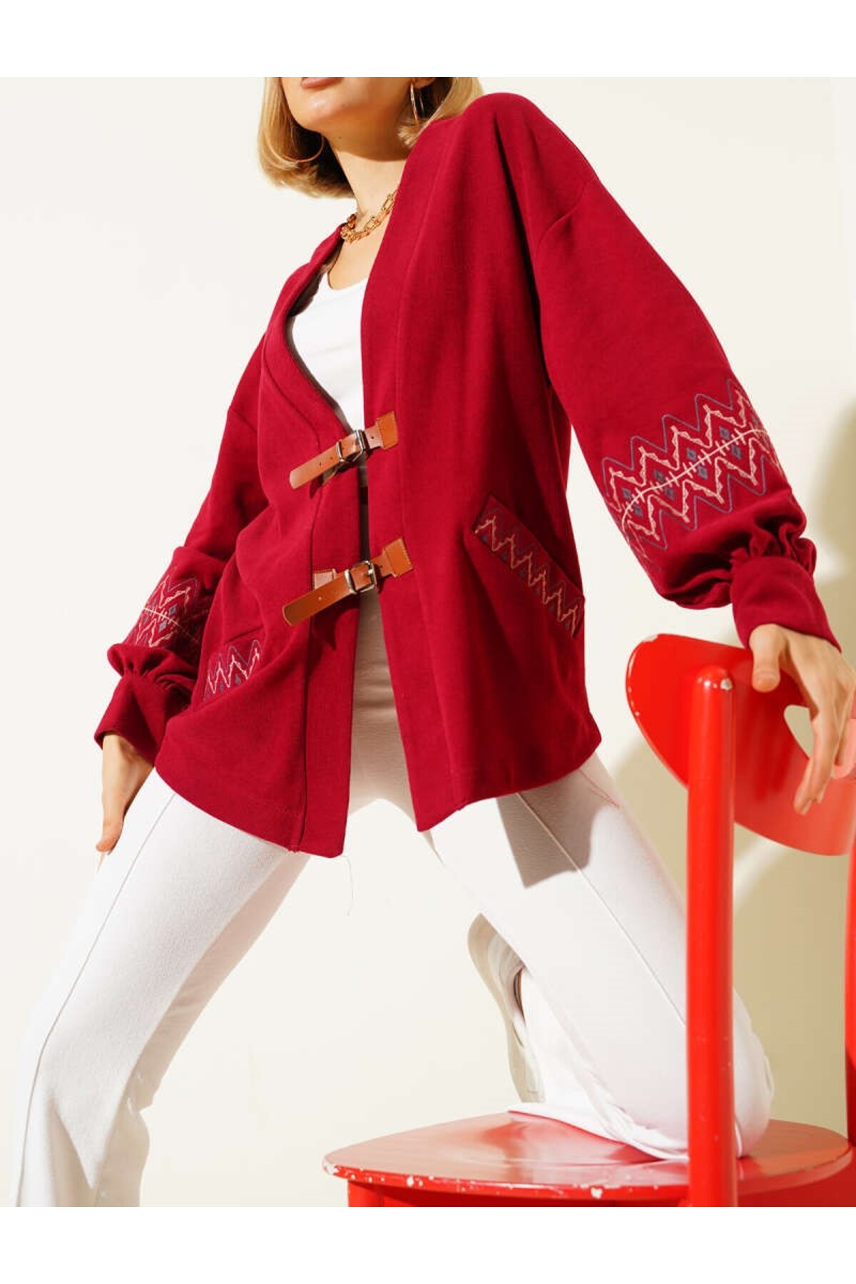 Lavanta Tekstil Embroidered Cardigan with Rope Laces- Trendyol