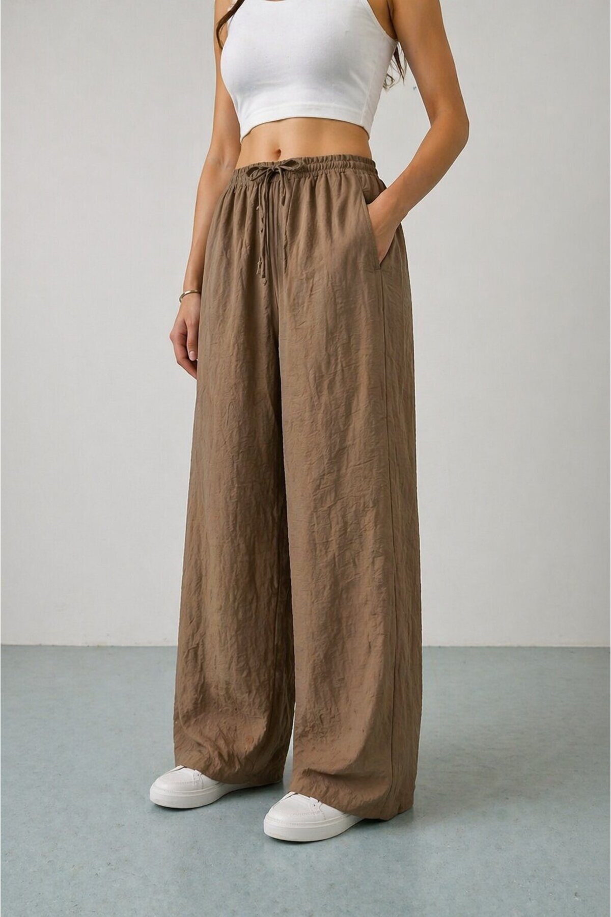 Timburly Pantaloni Palazzo maro oversize pentru femei, cu buzunare duble, tal...