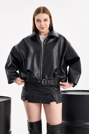 IJAN GiYiM Oversize Bomber Tokalı Deri Ceket