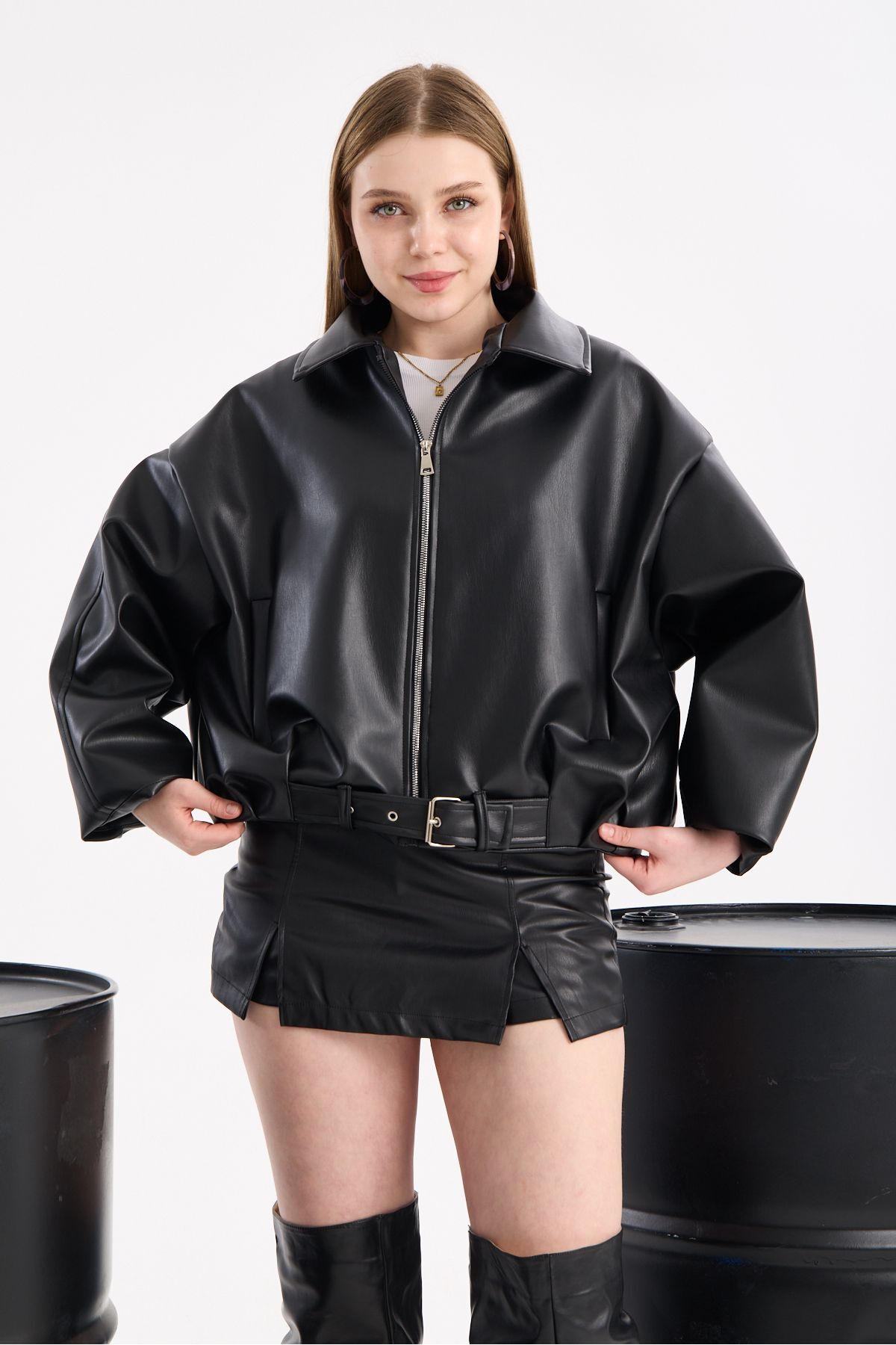 Oversize Bomber Tokalı Deri Relax Fit Kesim Ceket