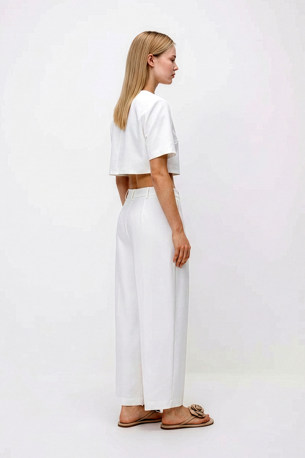 LA PANTE  Kadın Pantolon Barrel Pantolon Cloutte Pantolon Yüksek Bel Şık Boyfriend Geniş Paça Beyaz Kumaş Pantolon - Görsel 3