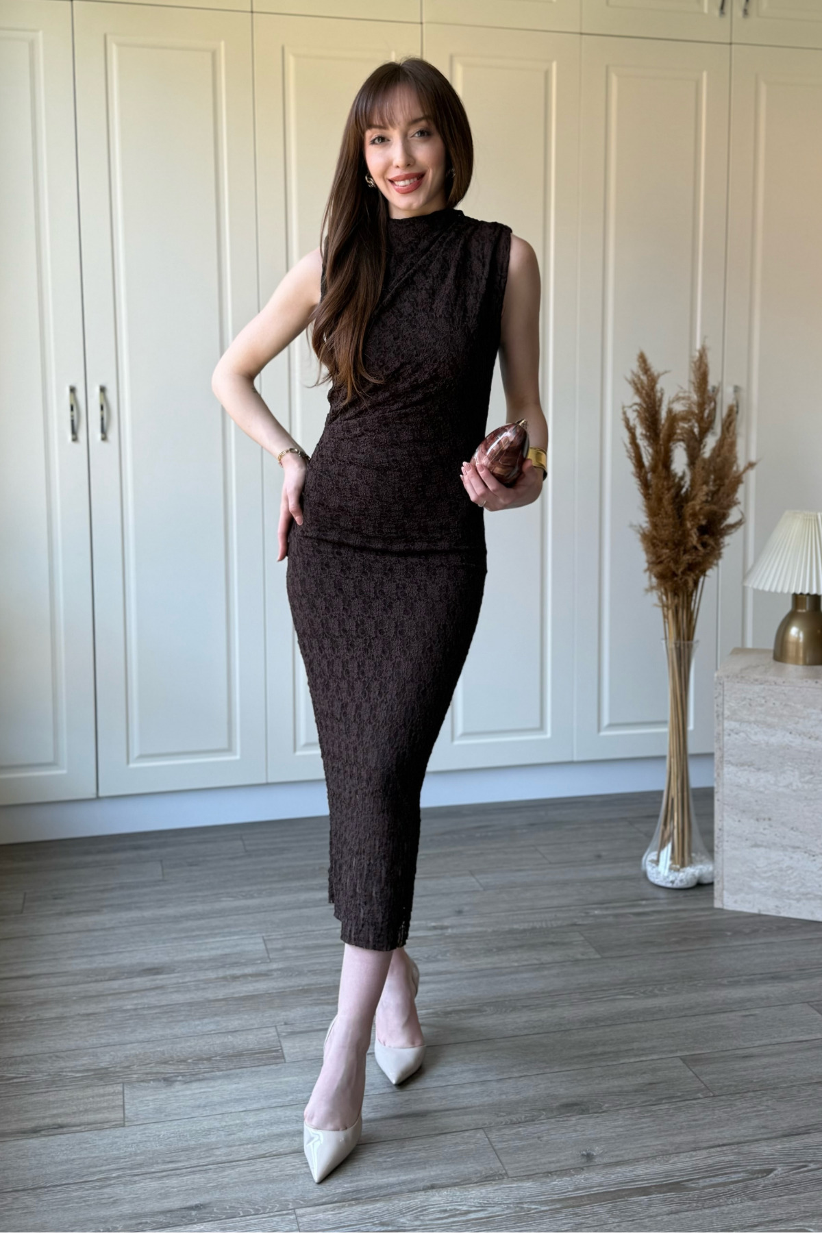 Lacy Upright Neck Midi Brown Dress with Padded Neck