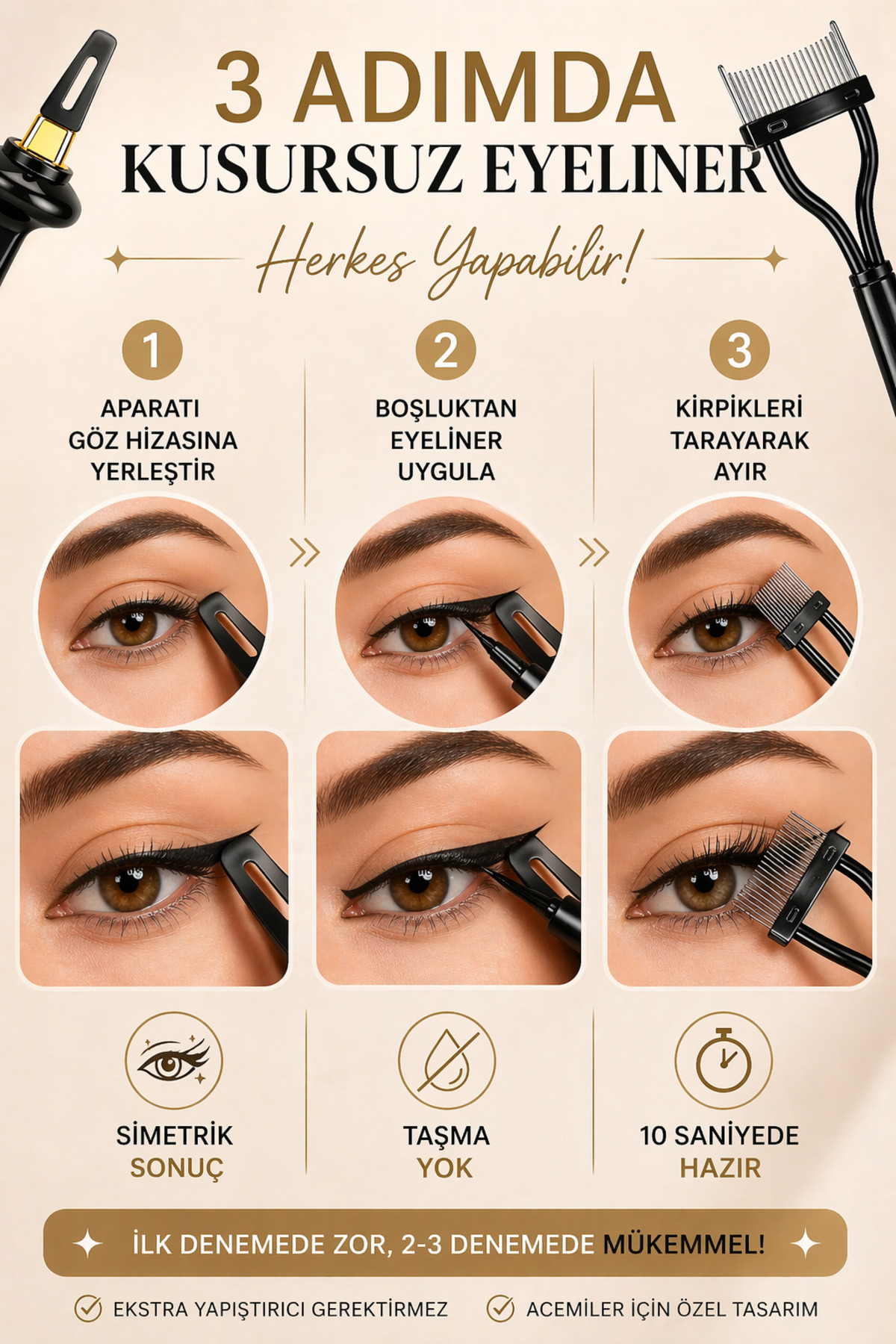 Makyaj Rutini Aparatları 2’li Set | Kolay Eyeliner Çekme Aparatı + Kirpik Ayırıcı Tarak | Profesyonel & Hızlı Uygulama — FRANCHESKA-2IN1APRT — تصویر 5 از 6