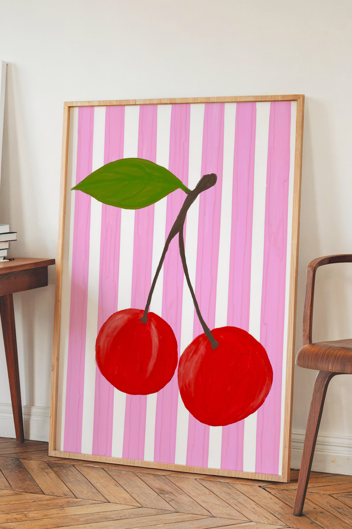 Kırmızı Kiraz Poster Çizgili Zemin Pop Art Modern Mutfak Duvar Dekoru Çerçevesiz