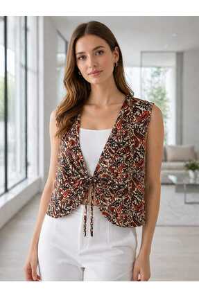 Ahuvan Vintage Etnik Desenli Jakarlı İpek Yelek