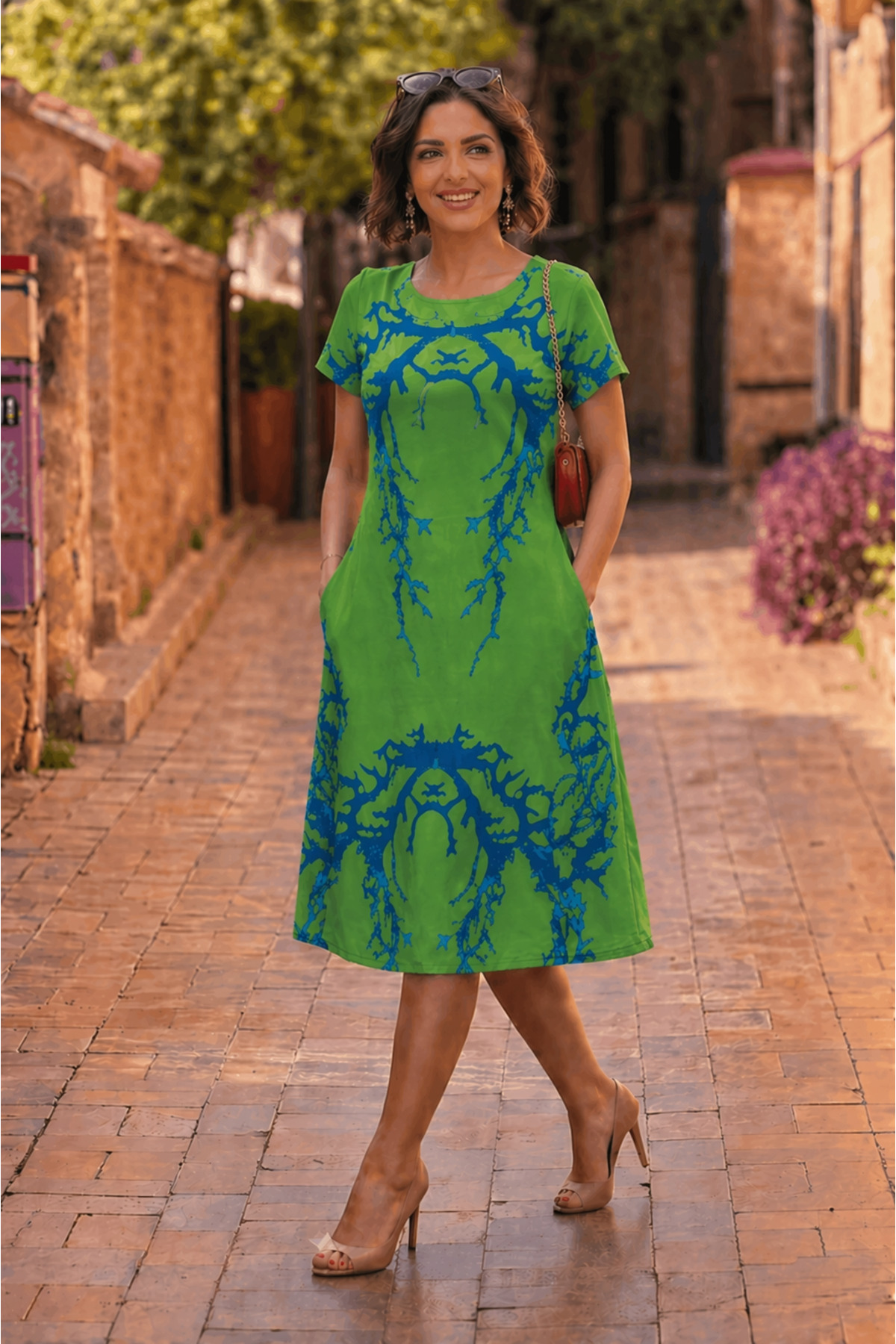 Nevin Kaya Moda Rochie din bumbac 100% cu model Marea Verde