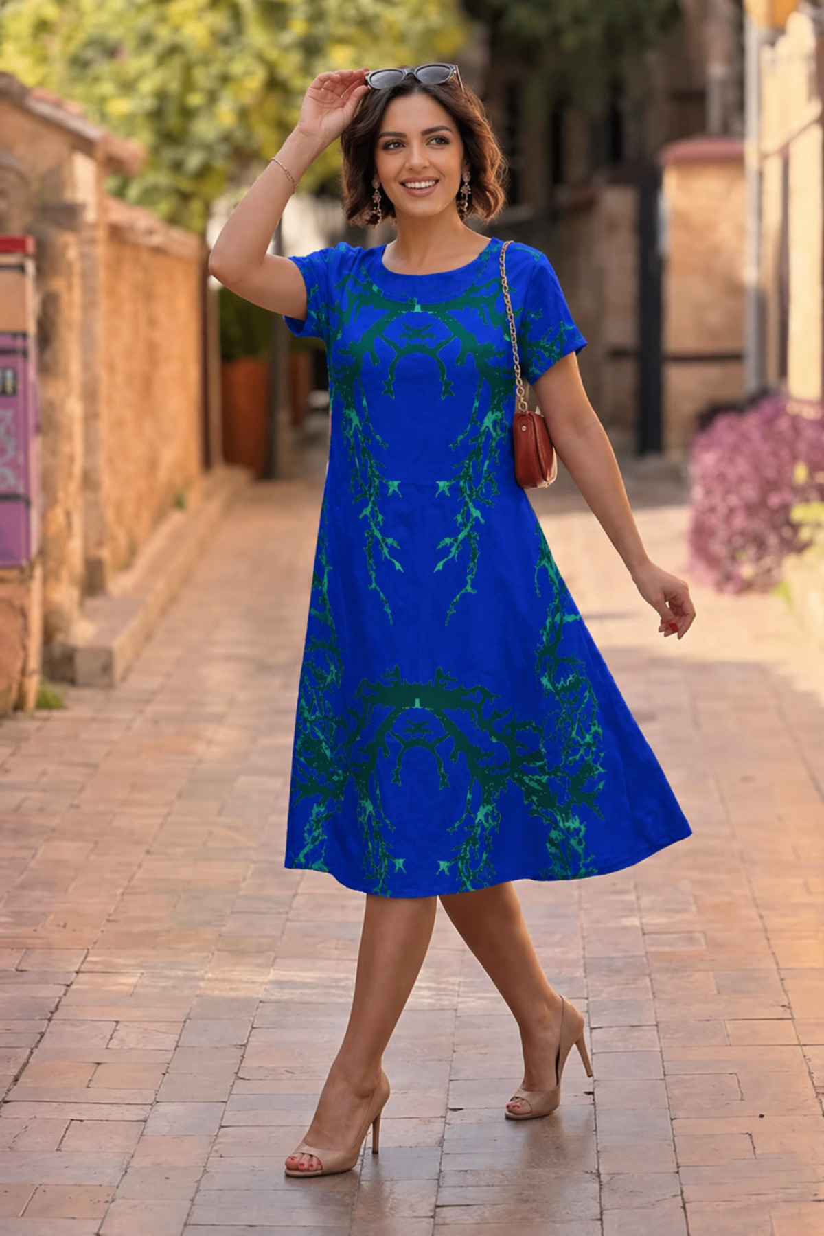 Nevin Kaya Moda  Mavi Deniz Desenli %100 Pamuk Elbise - Görsel 2