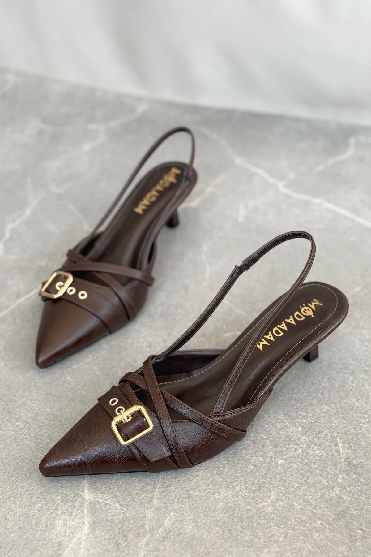 GOFFSHOES Kadın Paris İnce Kısa Topuklu Ayakkabı - Kahve-Deri