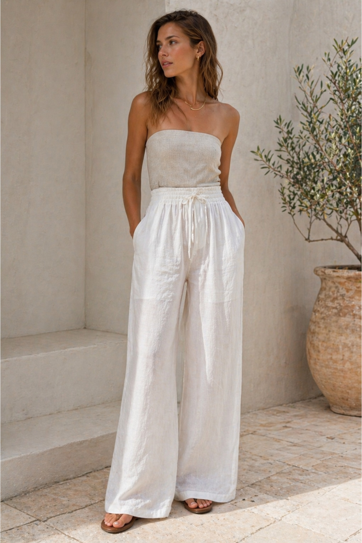 The Cotton Women's White 100% Cotton Muslin High Waist Elastic Pants