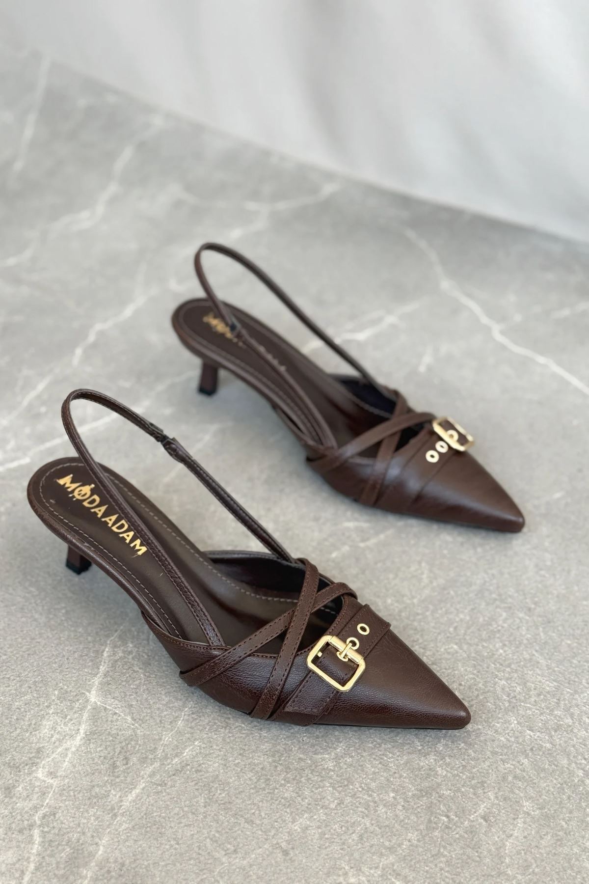GOFFSHOES Kadın Paris İnce Kısa Topuklu Ayakkabı - Kahve-Deri görsel 3