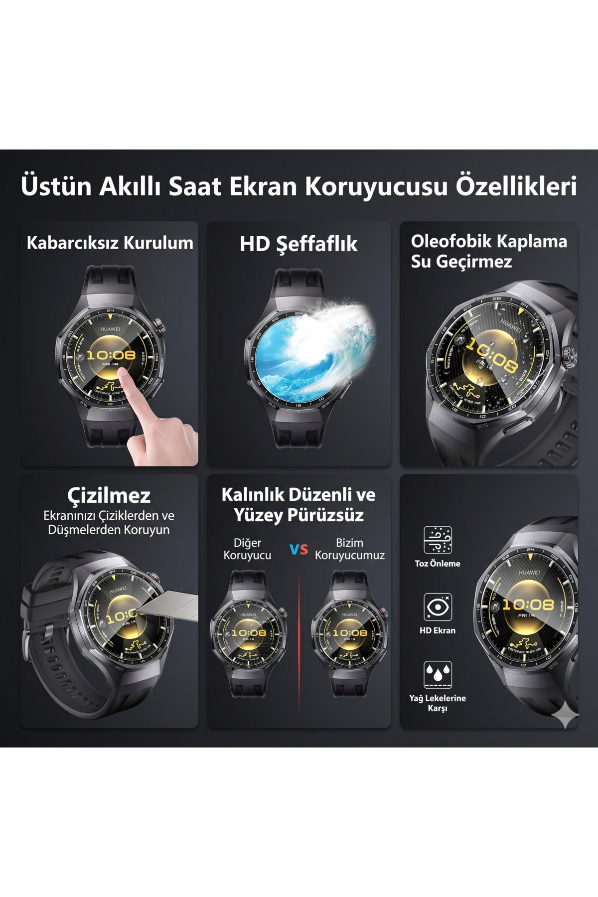 Huawei GT6 Pro 46mm Uyumlu Ekran Koruyucu Aparatlı Kolay Kurulum HD Şeffaf Easy İnstall Temperli Cam