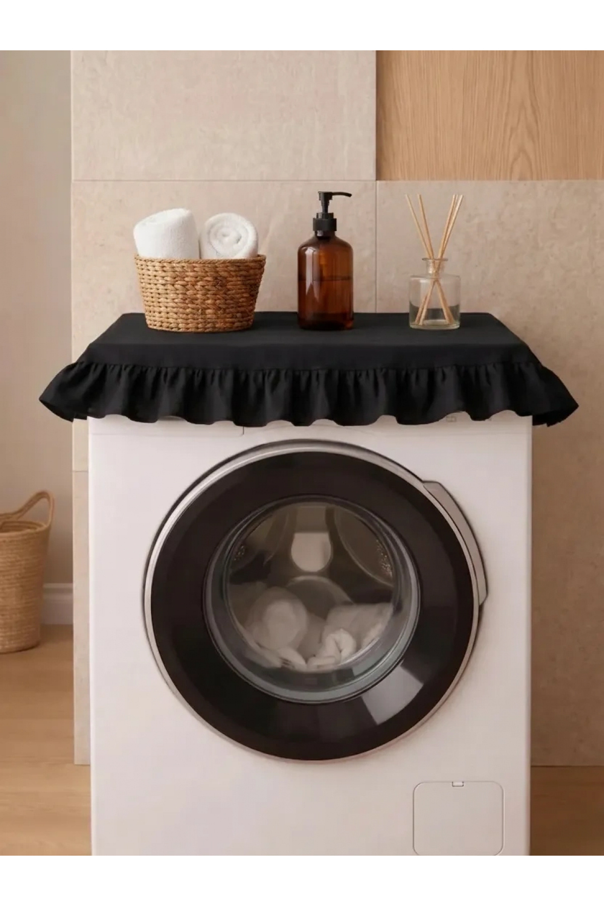 Ruffle Washing Machine Cover - Dowry Decorative Bathroom Machine Cover- Black