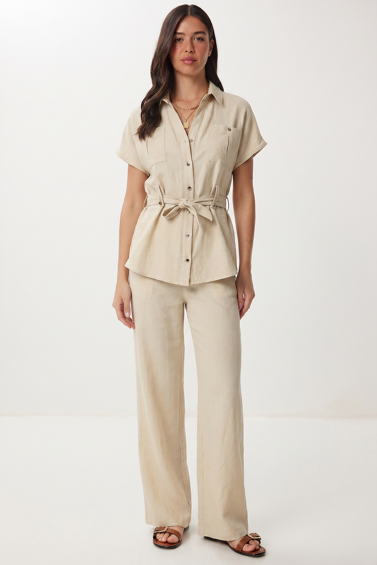 Button Detailed Linen Bottom-Top Set with Belt LBY0055 DARK CREAM
