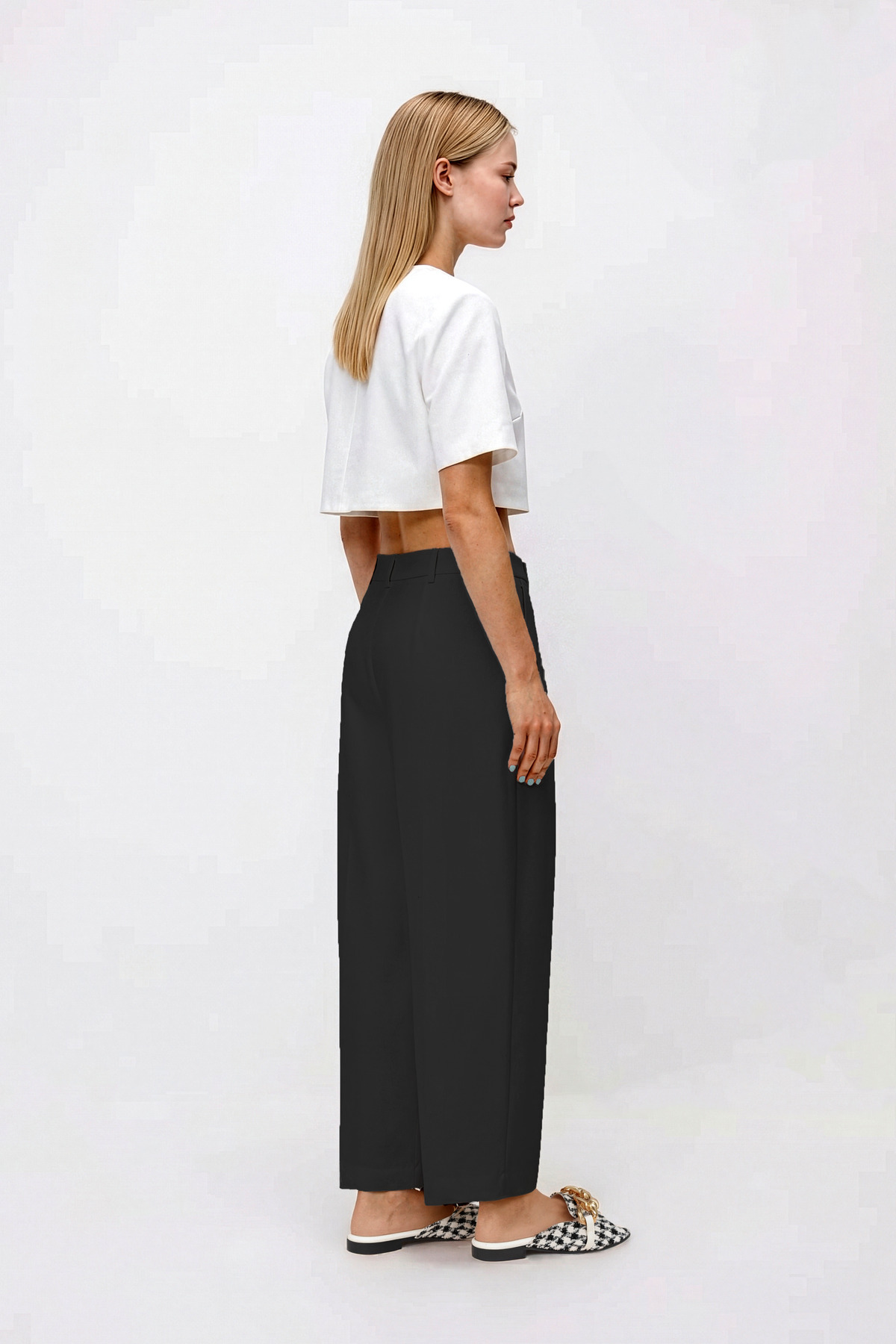 LA PANTE  Kadın Pantolon Barrel Pantolon Cloutte Pantolon Yüksek Bel Şık Boyfriend Geniş Paça Siyah Kumaş Pantolon - Görsel 5