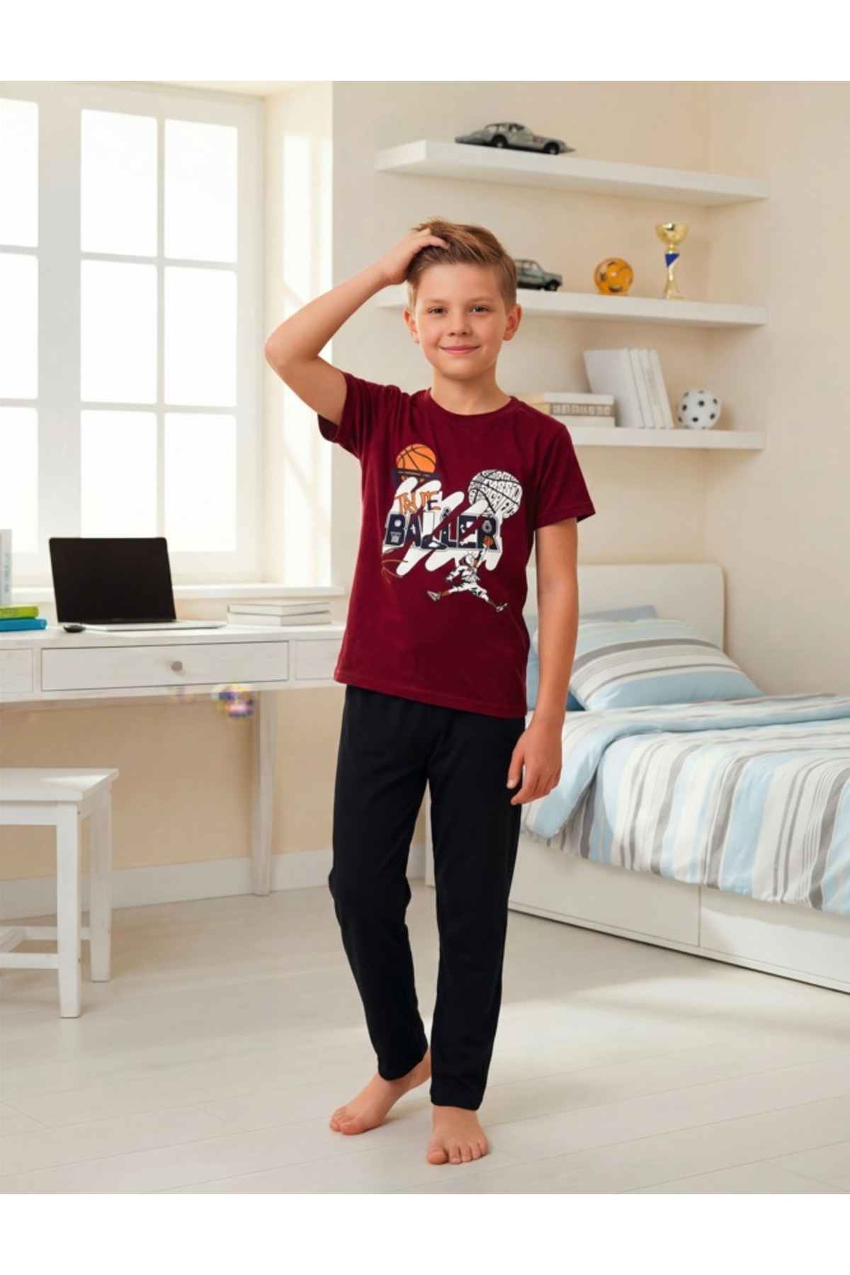 LİLA İÇ GİYİM Boy's Printed Detail Short Sleeve Pajama Set