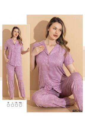 Hoppa Modam Kadın Pamuklu Gömlek Yaka Kısa Kollu Kendinden Desenli Pijama Takımı