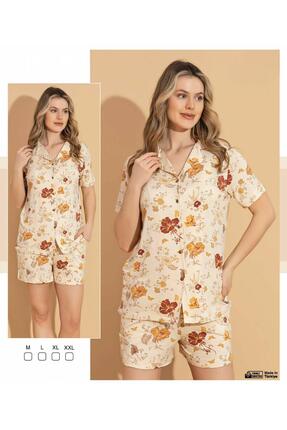 Hoppa Modam Kadın Pamuklu Gömlek Yaka Düğmeli Şortlu Pijama Takımı